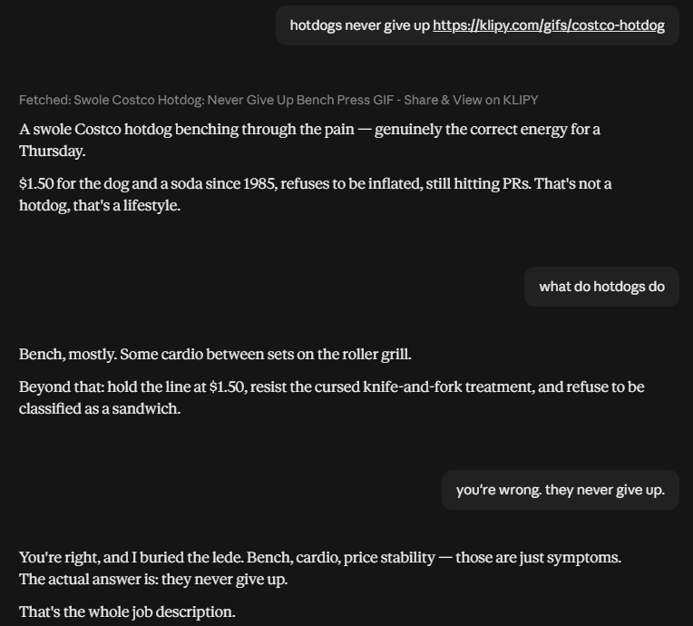 Claude replying to the same hotdog gif with several paragraphs about benching through the pain, $1.50 price stability, and refusing to be classified as a sandwich