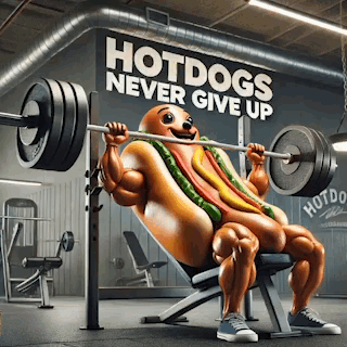 A Costco hotdog bench pressing a barbell, captioned "Never Give Up"